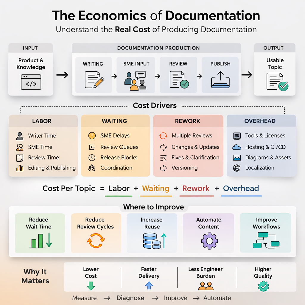 The Economics of Documentation — a model showing cost drivers, production flow, and improvement levers