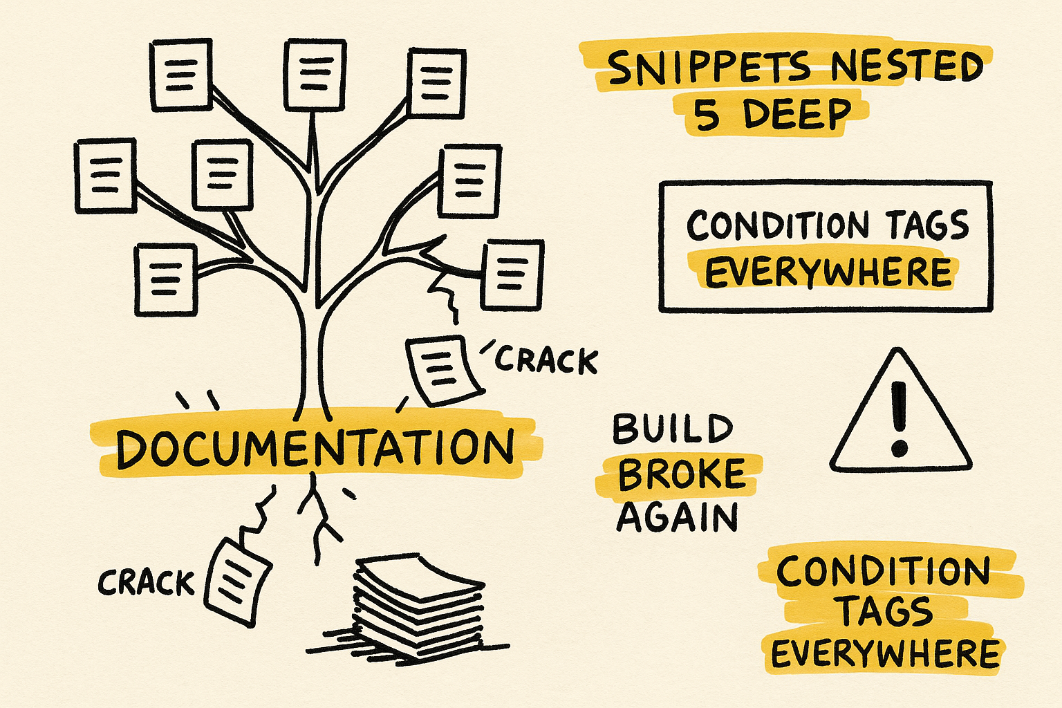 Sketch of a documentation topic tree cracking under load