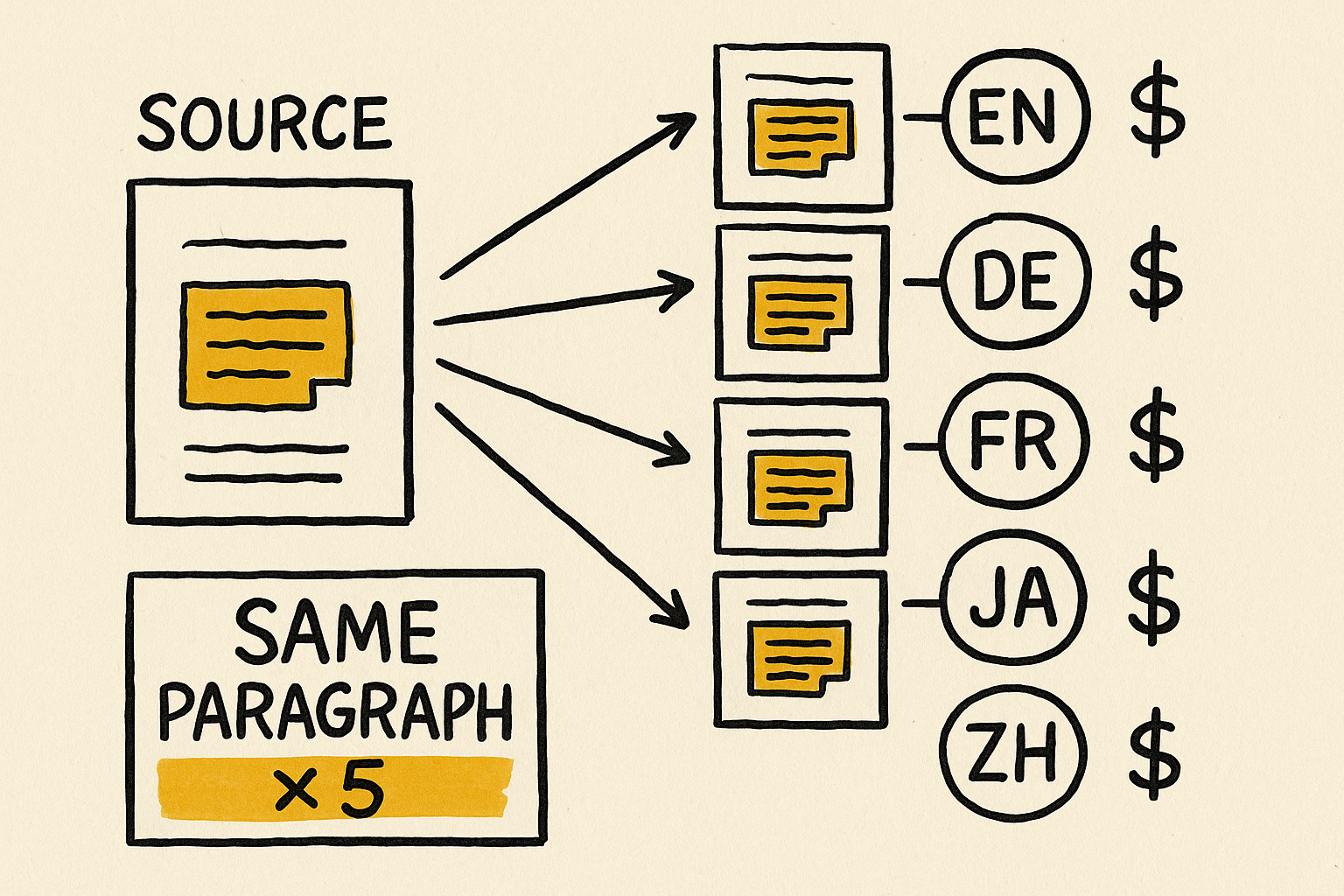 Sketch of one source document fanning out into translated copies with duplicate paragraphs highlighted