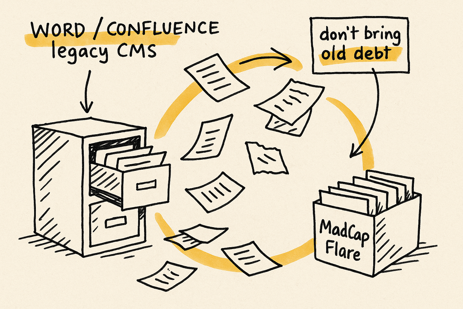 Sketch of papers flying from a legacy filing cabinet into a clean MadCap Flare box