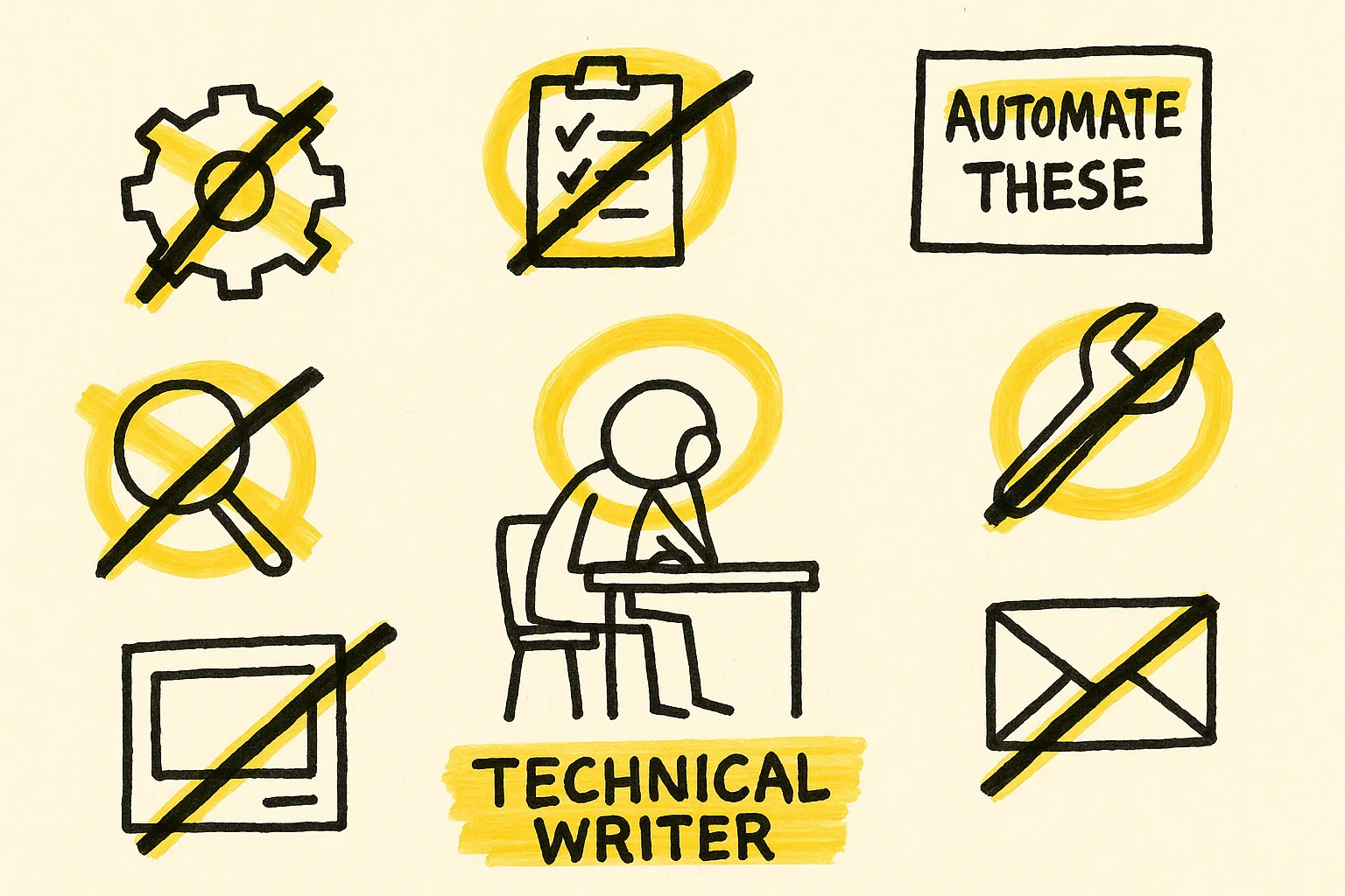 Sketch of an overwhelmed writer surrounded by swirling repetitive Flare tasks